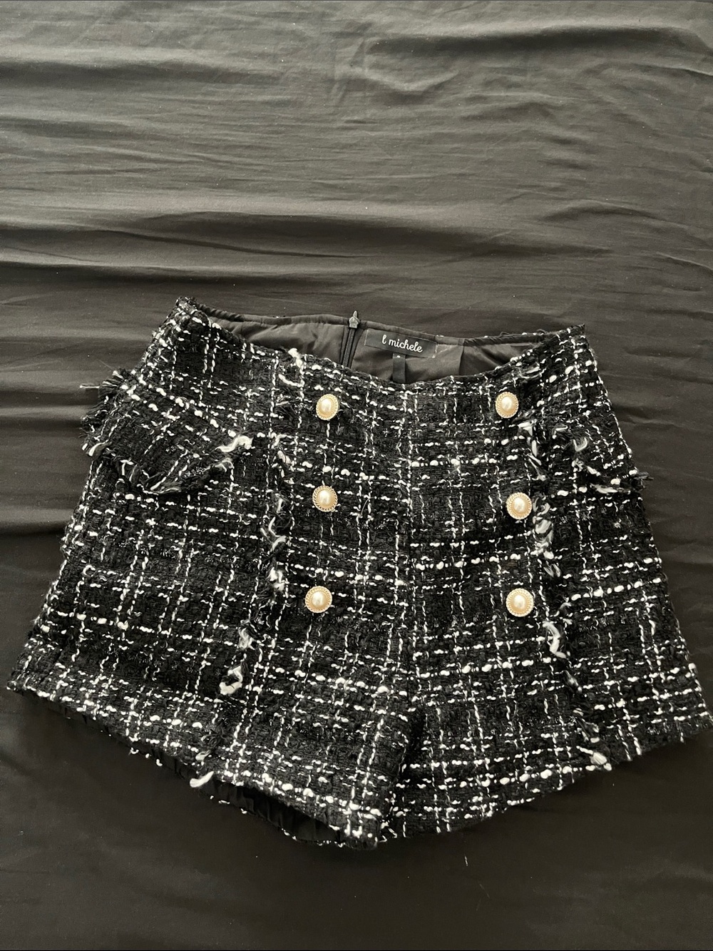 Michele Black & White Tweed High-Waist Pearl-Accent Shorts